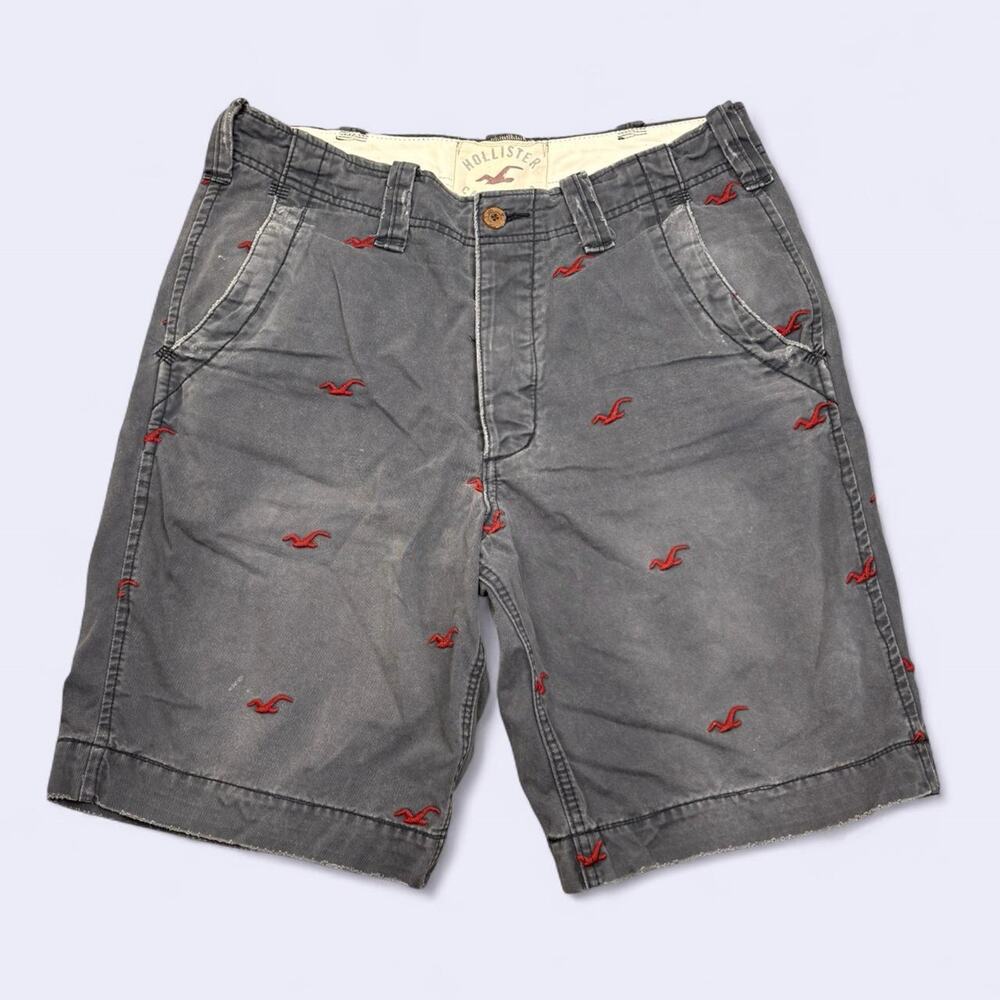 Hollister Cargo Shorts Gray All Over Bird Logo Print Embroidered Mens Size 32